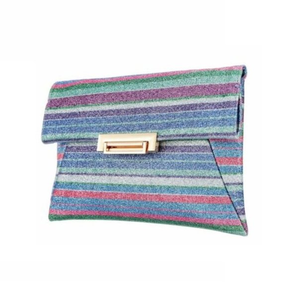 Nina Striped Glitter Fabric Flip Lock Closure Envelope Clutch - Blue Multi - Picture 4 of 5